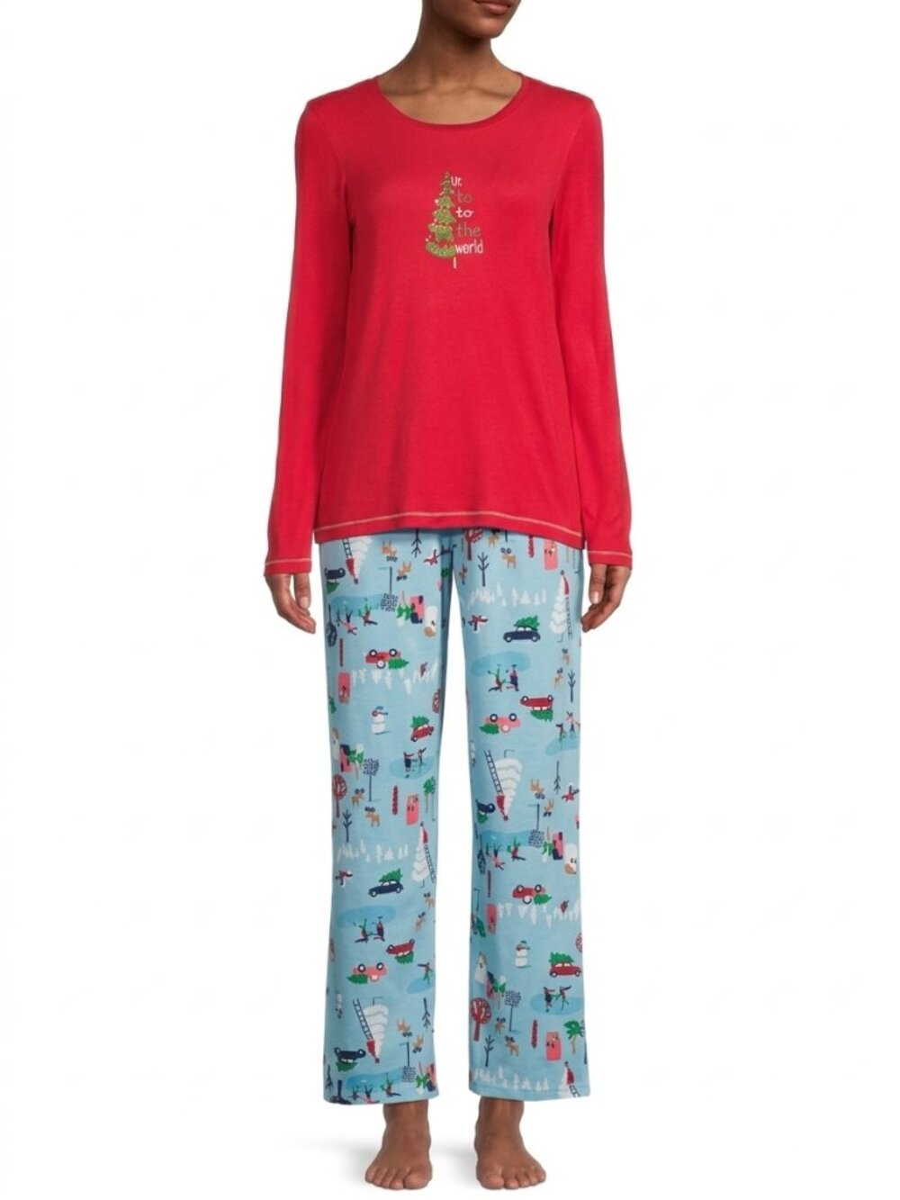 *NWT Hue 2-Piece Long-Sleeve Top and Pants Lounge Set Blue Red Fun Print Medium